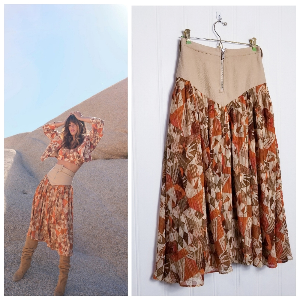 A-Line Midi Skirt in Rust Geo Print with Tan Waist Panel